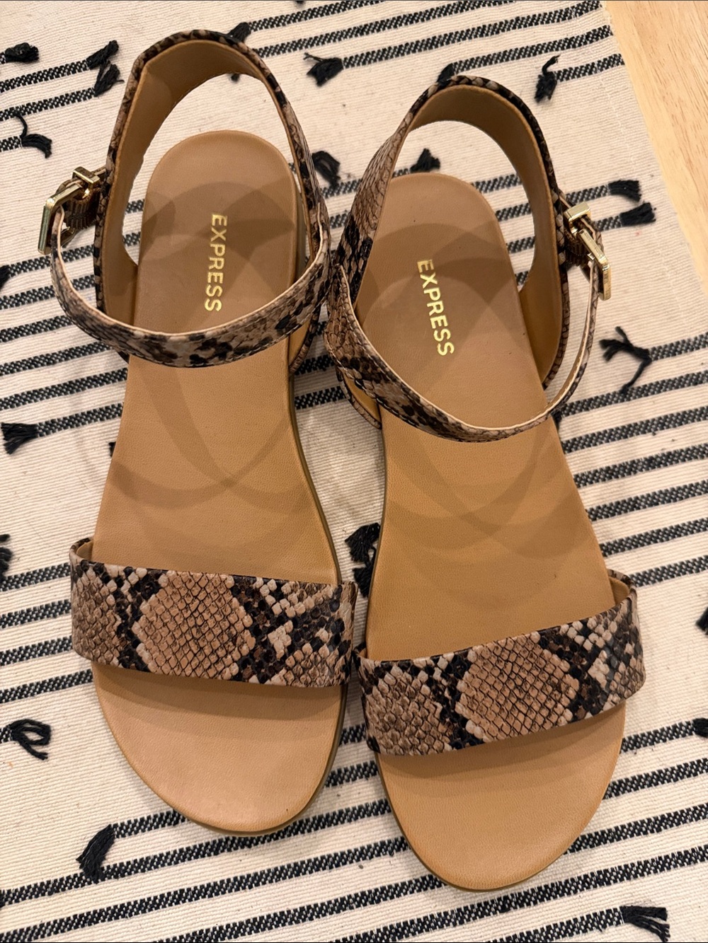 Express Tan & Brown Snake-Print Ankle Strap Sandals